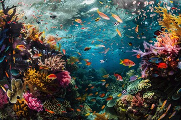 Colorful fish swim in a large group over a vibrant coral reef in the ocean