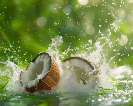 Photo of a fresh coconut with water splash