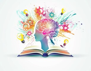 A colorful illustration of an open book with gears, light bulb and brain inside it symbolizing creativity in learning.