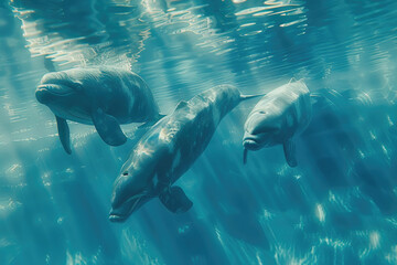 Fototapeta premium A group of dolphins, sleek and graceful marine mammals, swim effortlessly in the clear blue ocean water