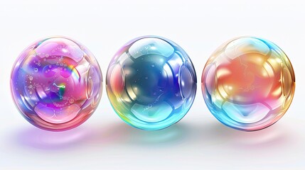 Three colorful glass spheres with a rainbow effect. The spheres are of different colors and sizes. The image has a vibrant and playful mood