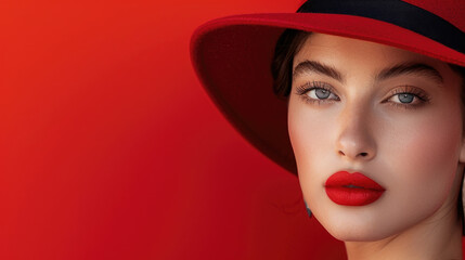 A woman with red lipstick is wearing a matching red hat