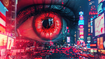 A detailed close-up of a persons eye with a bustling cityscape in the background, showcasing the juxtaposition of human emotion and urban life