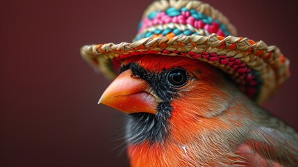 Fototapeta premium Cardinal bird wearing a colorful sombrero on a red background