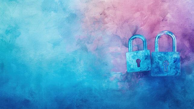 Two padlocks are placed on a blue and pink background