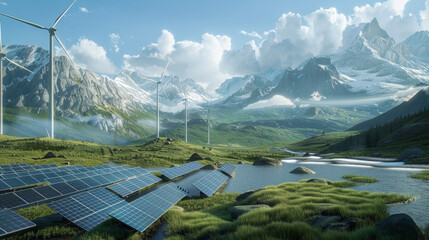solar panels and wind turbines on the mountain background