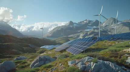 solar panels and wind turbines on the mountain with blue sky background, green energy concept