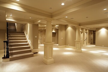 A large, empty room with a staircase leading up to it. The room is well lit and has a clean, modern look