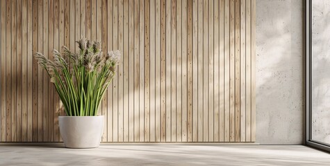 Interior Background with Wooden Paneling and Potted Plant