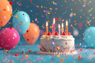 Happy birthday cake with candles, balloons and confetti background. Generative AI 