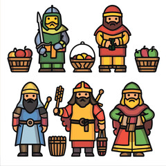 Six medieval characters stylized vector illustration. Middle age warriors farmers weapons baskets fruit, character uniquely dressed, reflecting roles activities feudal society