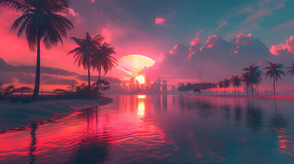 a retro-futuristic paradise with a landscape featuring tropical beach palm trees