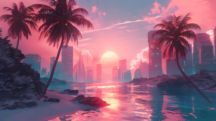 a retro-futuristic paradise with a landscape featuring tropical beach palm trees