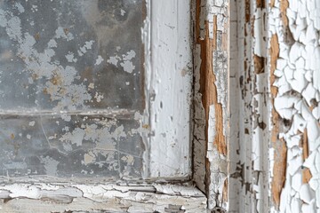 Wet Wood. Rotten Wooden Window Frame with Peeling Paint and Mold Stains
