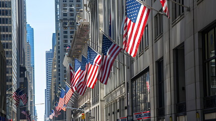 A Row of American Flags on a City Street. Memorial Day