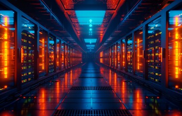 Fototapeta premium Futuristic high-tech computer server room with rows of digital screens, blue and orange lighting, cinematic, shallow depth of field