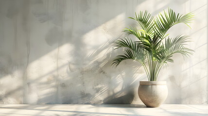 a tropical palm tree pot against a white wall
