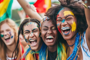 Fototapeta premium A group of young women with painted faces cheer enthusiastically at a sports game