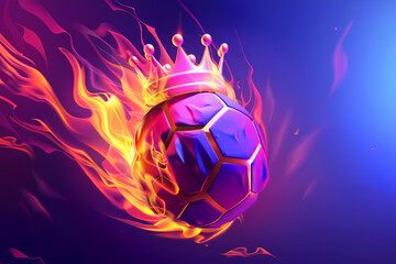 Flaming soccer ball with crown on purple background. Epic goal, winner. World championship cup. Sport bet, football match betting. Banner, poster or card with copy space