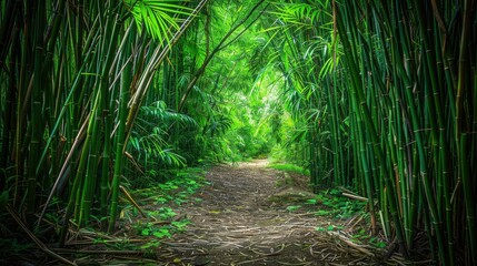 Pathway through a lush bamboo forest, with green leaves creating a calming and picturesque scene