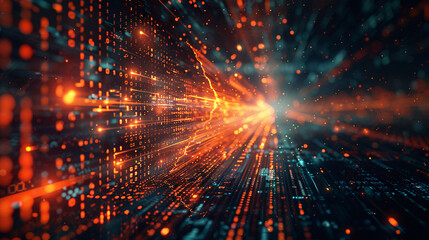 Obraz premium A modern digital art piece featuring a transparent arrow overlaying a complex network of light trails and binary code