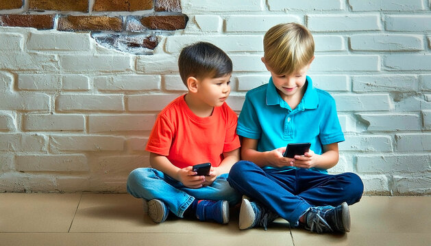 DOIS AMIGOS SENTADOS NA CAL&Ccedil;ADA JOGANDO NO CELULAR EM UM CONCEITO DE AMIZADE E DIA DO AMIGO
