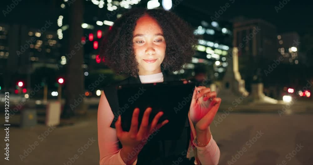 Poster girl, online and night in city with tablet for reading emails, socializing and networking for busine
