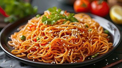 Plate of crispy fried noodles garnished with sesame seeds, enhancing both flavor and texture