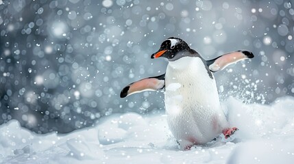 Obraz premium Playful penguin frolicking in the snow, its joyful antics capturing the essence of winter wonder