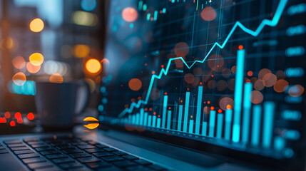 An image of a financial analyst's desk, with charts and graphs showing rising arrows, highlighting economic growth and performance