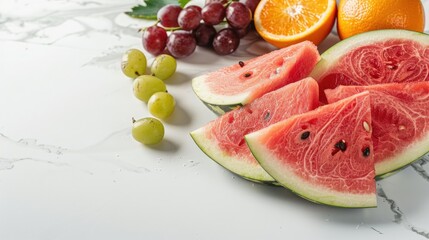 Seedless watermelon slices, orange wedges, and grapes on a white marble countertop, ready to eat