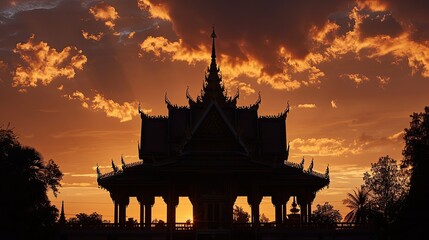 Obraz premium Serene silhouette of a temple hall, the intricate architecture beautifully outlined against the twilight sky