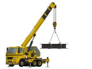 Mobile crane with H-beam on white background