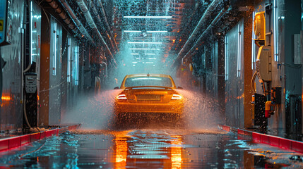 A wide-angle shot of a car wash tunnel, with a vehicle moving through automated brushes and jets for a thorough exterior cleaning