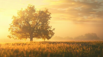 Fototapeta premium Shadowy tree outlined by a soft yellow glow, highlighting the beauty of nature in the golden hour