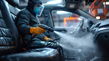 A professional detailer steam-cleaning the seats of a car, with steam visibly rising, indicating a deep and effective cleaning process