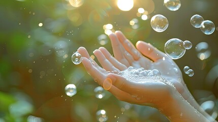 Soap bubbles on hands, with clear focus to underscore the significance of proper handwashing