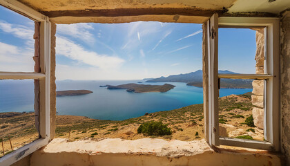 Fototapeta premium The picturesque view from an open window of an old abandoned stone home reveals the tranquil expanse of the blue Aegean Sea dotted with Aegean islands