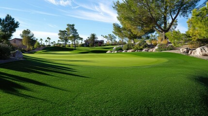 Fototapeta premium Artificial turf covering a golf course fairway, providing a consistent playing surface year-round