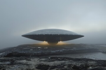 Obraz premium Mysterious UFO hovering over snowy landscape