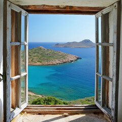 The picturesque view from an open window of an old abandoned stone home reveals the tranquil expanse of the blue Aegean Sea dotted with Aegean islands