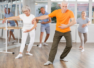 Diligent mature woman practicing ballet positions standing in row with others in dance-studio