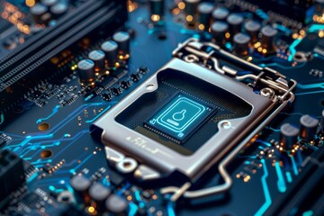 Fototapeta premium secure connection or cybersecurity service concept of compute motherboard closeup and safety lock with login and connecting verified credentials as wide banner design - Generative AI
