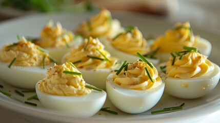 deviled eggs with chives on a plate