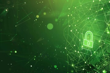 Illustration vector of cyber security concept. Lock symbol from lines and triangles, point connecting network on green background. 