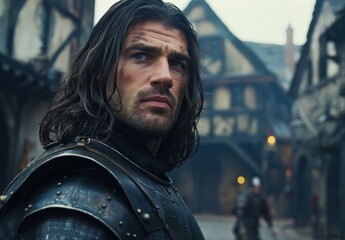 Fototapeta premium Rugged warrior with long dark hair and intense expression