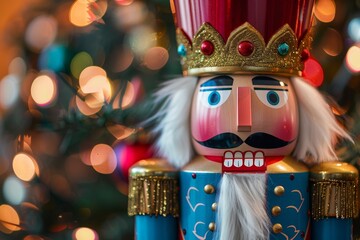 Festive nutcracker soldier figurine with gold crown and colorful bokeh lights