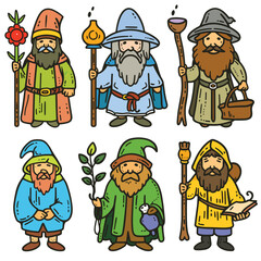 Set six cartoon wizards druids, holding magical items. Fantasy characters wearing robes hats, colorful, cheerful style. Magical figures staffs, potions, mystical animals