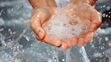 Fototapeta premium Hands being cleansed with soap and water, with emphasis on the focus needed for effective handwashing