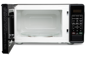 Microwave oven. Black microwave oven for warming food, drink, cooking lunch, defrost meat, cook meal. Electrical kitchen appliances. New equipment for house. Isolated Background
